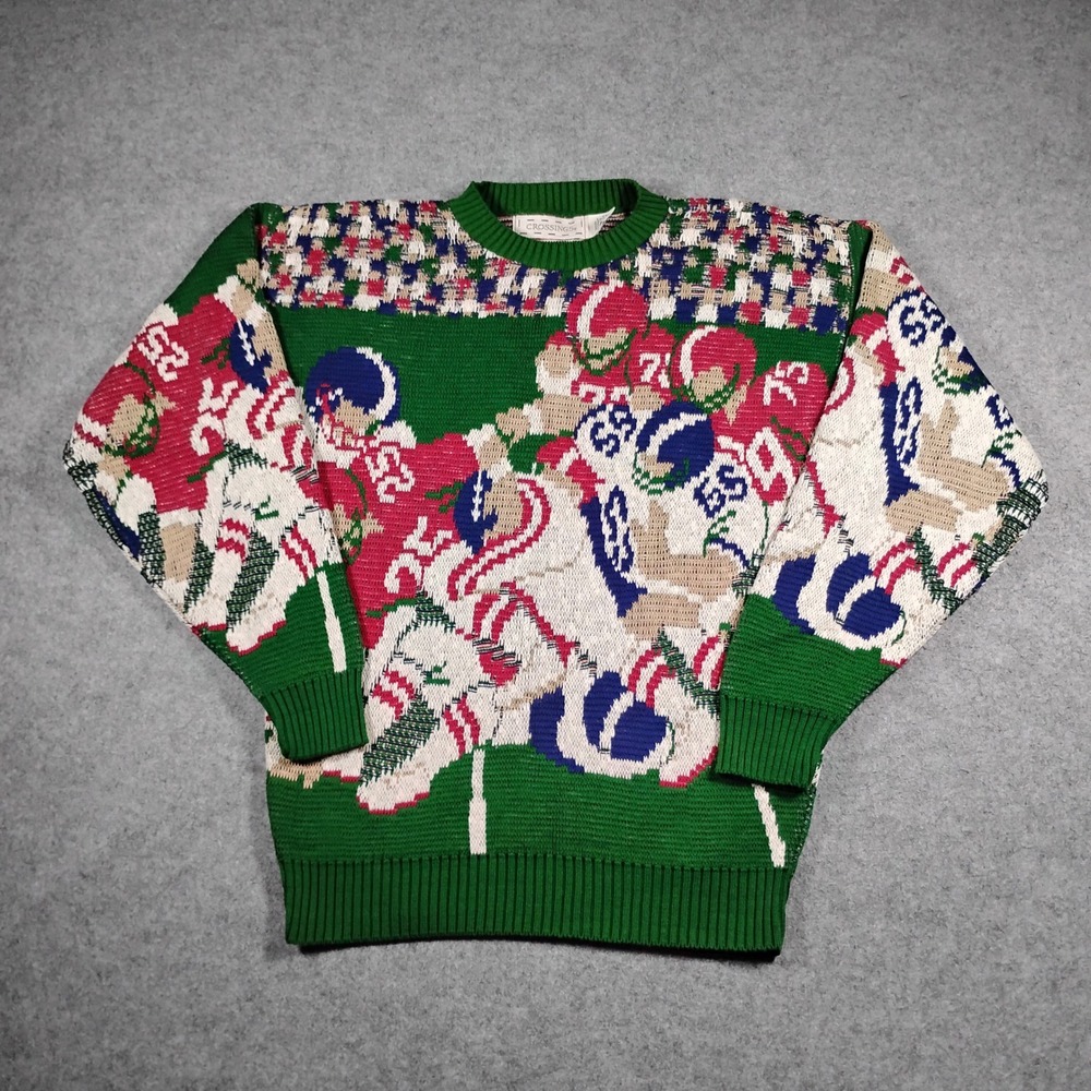 Crossings Football Graphic Sweater Men Small Green Vintage Knit Made in USA 90s